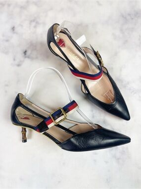 Gucci Black Leather Unia Pumps Sylvie Web Strap Bamboo Kitten Heel 37.5 / 7.5